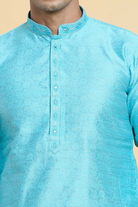 Buy_Arihant Rai Sinha_Blue Jacquard, Silk Mirrors, Embroidery Flora Bloom Woven Kurta With Churidar _Online_at_Aza_Fashions