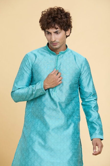 Arihant Rai Sinha Blue Jacquard, Silk, Cotton Mirrors, Gul Flora Woven Kurta With Churidar  3