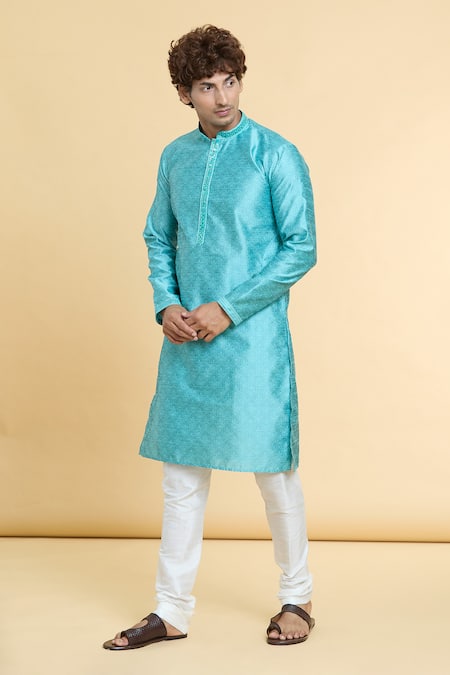 Arihant Rai Sinha Blue Jacquard, Silk, Cotton Mirrors, Gul Flora Woven Kurta With Churidar  5