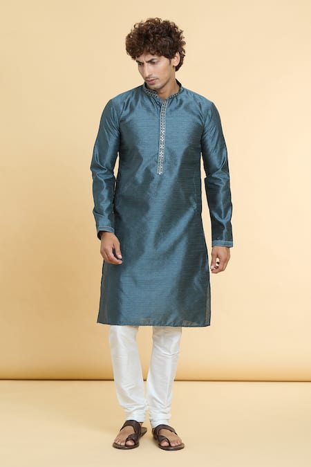 Arihant Rai Sinha_Grey Jacquard, Silk Embroidery Gullista Woven Kurta With Churidar _Online_at_Aza_Fashions