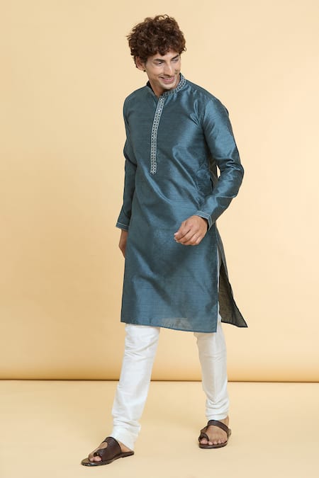 Shop_Arihant Rai Sinha_Grey Jacquard, Silk Embroidery Gullista Woven Kurta With Churidar _Online_at_Aza_Fashions