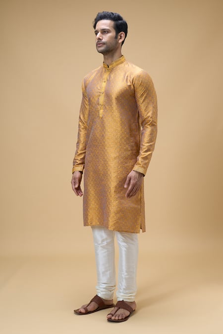 Buy_Arihant Rai Sinha_Yellow Jacquard, Silk Embroidery Quad Bloom Woven Kurta With Churidar _Online_at_Aza_Fashions