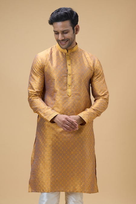 Arihant Rai Sinha_Yellow Jacquard, Silk Embroidery Quad Bloom Woven Kurta With Churidar _at_Aza_Fashions