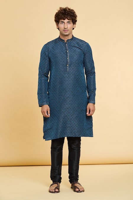 Arihant Rai Sinha_Blue Jacquard, Silk, Brocade Embroidery Quad Blossom Woven Kurta _Online_at_Aza_Fashions