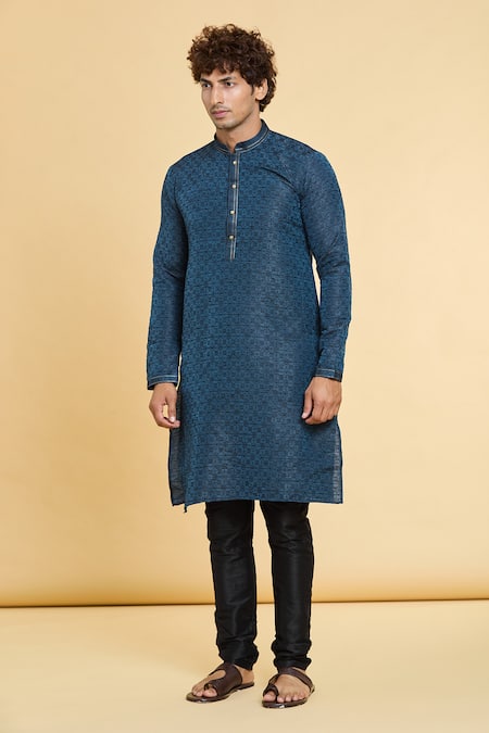 Buy_Arihant Rai Sinha_Blue Jacquard, Silk, Brocade Embroidery Quad Blossom Woven Kurta _Online_at_Aza_Fashions