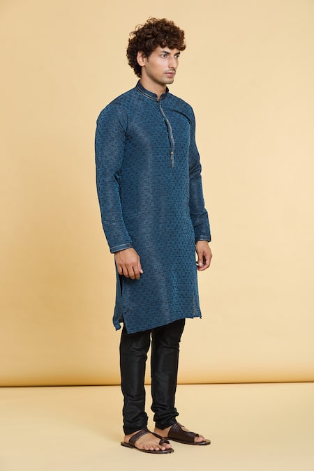 Shop_Arihant Rai Sinha_Blue Jacquard, Silk, Brocade Embroidery Quad Blossom Woven Kurta _Online_at_Aza_Fashions