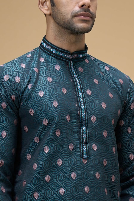 Arihant Rai Sinha_Green Jacquard, Silk, Brocade Embroidery Sunrise Fleur Woven Kurta _Online_at_Aza_Fashions