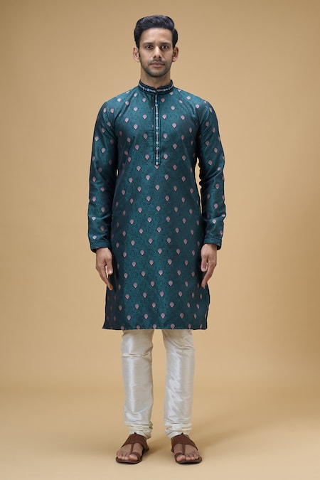 Buy_Arihant Rai Sinha_Green Jacquard, Silk, Brocade Embroidery Sunrise Fleur Woven Kurta _Online_at_Aza_Fashions