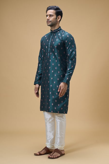 Shop_Arihant Rai Sinha_Green Jacquard, Silk, Brocade Embroidery Sunrise Fleur Woven Kurta _Online_at_Aza_Fashions