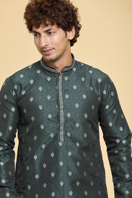 Shop_Arihant Rai Sinha_Grey Jacquard, Silk, Brocade Embroidery Sunrise Bloom Woven Kurta _Online_at_Aza_Fashions