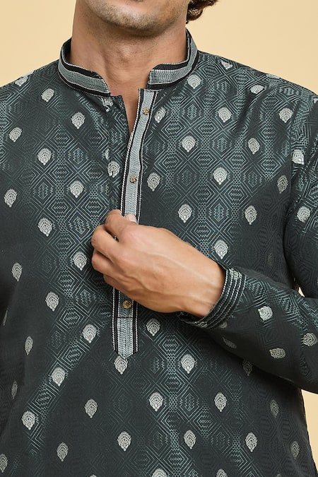 Arihant Rai Sinha_Grey Jacquard, Silk, Brocade Embroidery Sunrise Bloom Woven Kurta _at_Aza_Fashions