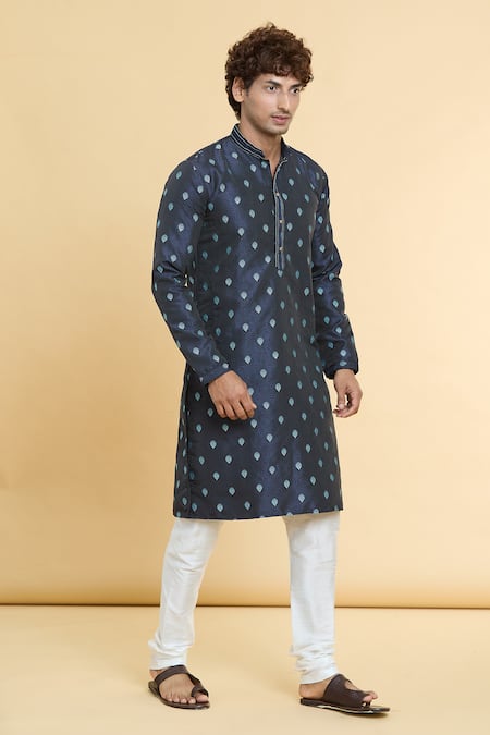 Arihant Rai Sinha_Blue Jacquard, Silk, Brocade Embroidery Sunrise Blossom Woven Kurta _Online_at_Aza_Fashions