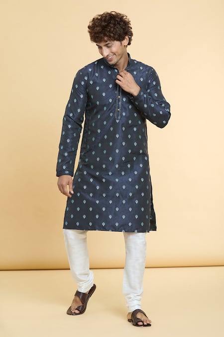 Buy_Arihant Rai Sinha_Blue Jacquard, Silk, Brocade Embroidery Sunrise Blossom Woven Kurta _Online_at_Aza_Fashions