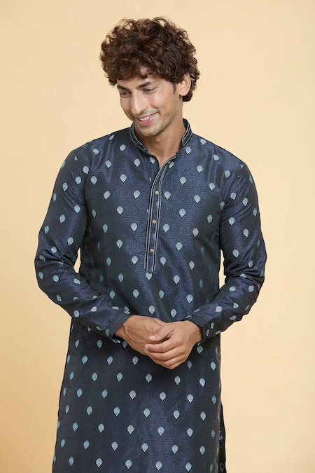 Shop_Arihant Rai Sinha_Blue Jacquard, Silk, Brocade Embroidery Sunrise Blossom Woven Kurta _Online_at_Aza_Fashions