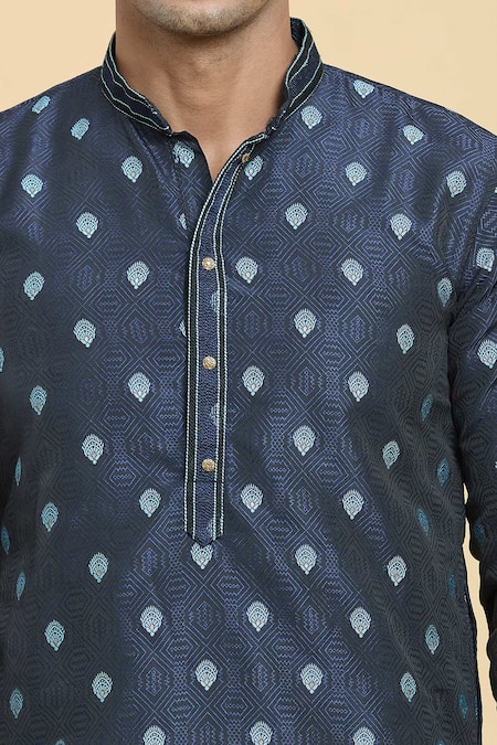 Arihant Rai Sinha_Blue Jacquard, Silk, Brocade Embroidery Sunrise Blossom Woven Kurta _at_Aza_Fashions