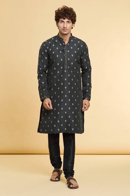Arihant Rai Sinha_Black Jacquard, Silk, Brocade Embroidery Sunrise Flora Woven Kurta _Online_at_Aza_Fashions