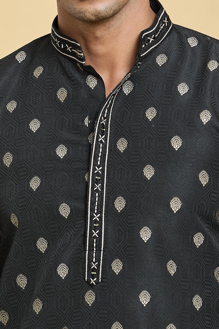 Buy_Arihant Rai Sinha_Black Jacquard, Silk, Brocade Embroidery Sunrise Flora Woven Kurta _Online_at_Aza_Fashions