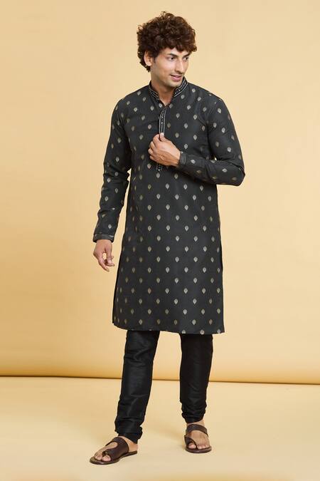 Shop_Arihant Rai Sinha_Black Jacquard, Silk, Brocade Embroidery Sunrise Flora Woven Kurta _Online_at_Aza_Fashions