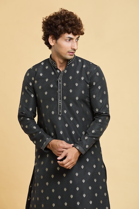 Arihant Rai Sinha_Black Jacquard, Silk, Brocade Embroidery Sunrise Flora Woven Kurta _at_Aza_Fashions