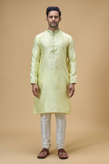 Arihant Rai Sinha Yellow Jacquard, Silk Embroidery Damask Flora Woven Kurta With Churidar Online at Aza Fashions Arihant Rai Sinha_Yellow Jacquard, Silk Embroidery Damask Flora Woven Kurta With Churidar _Online_at_Aza_Fashions