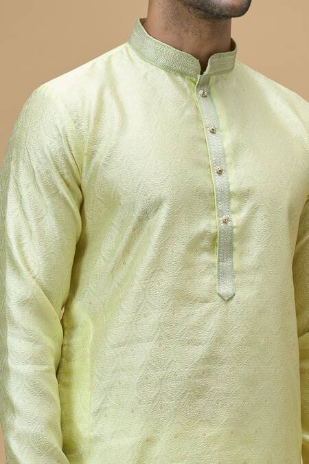 Arihant Rai Sinha Yellow Jacquard, Silk Embroidery Damask Flora Woven Kurta With Churidar at Aza Fashions Arihant Rai Sinha_Yellow Jacquard, Silk Embroidery Damask Flora Woven Kurta With Churidar _at_Aza_Fashions