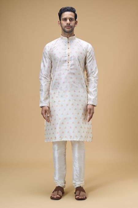 Buy_Arihant Rai Sinha_Cream Jacquard, Silk Embroidery Bloom Swerve Motif Woven Kurta _Online_at_Aza_Fashions