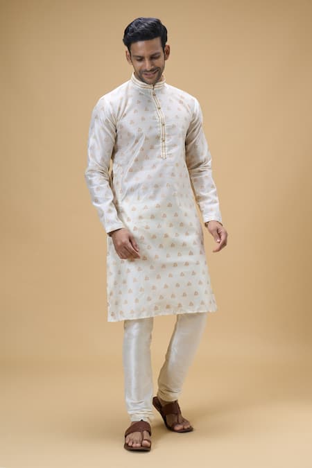 Shop_Arihant Rai Sinha_Cream Jacquard, Silk Embroidery Bloom Swerve Motif Woven Kurta _Online_at_Aza_Fashions