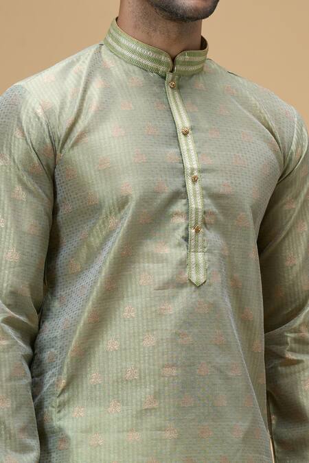 Arihant Rai Sinha_Green Jacquard, Silk Embroidery Flora Swerve Motif Woven Kurta _Online_at_Aza_Fashions
