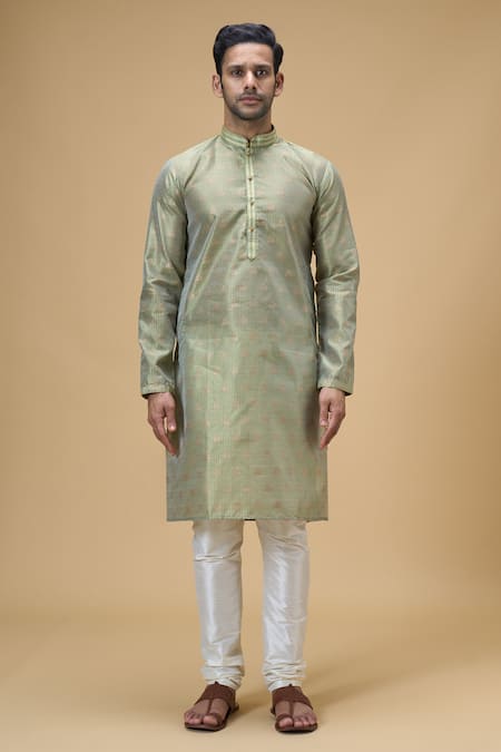 Buy_Arihant Rai Sinha_Green Jacquard, Silk Embroidery Flora Swerve Motif Woven Kurta _Online_at_Aza_Fashions