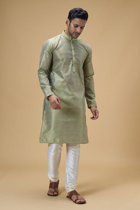 Shop_Arihant Rai Sinha_Green Jacquard, Silk Embroidery Flora Swerve Motif Woven Kurta _Online_at_Aza_Fashions