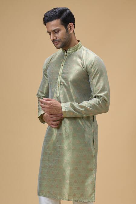 Arihant Rai Sinha_Green Jacquard, Silk Embroidery Flora Swerve Motif Woven Kurta _at_Aza_Fashions
