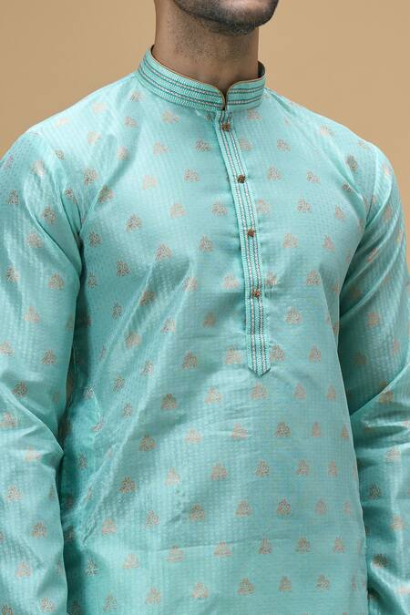 Shop Arihant Rai Sinha Green Jacquard, Silk Embroidery Crest Motif Woven Kurta Online at Aza Fashions Shop_Arihant Rai Sinha_Green Jacquard, Silk Embroidery Crest Motif Woven Kurta_Online_at_Aza_Fashions