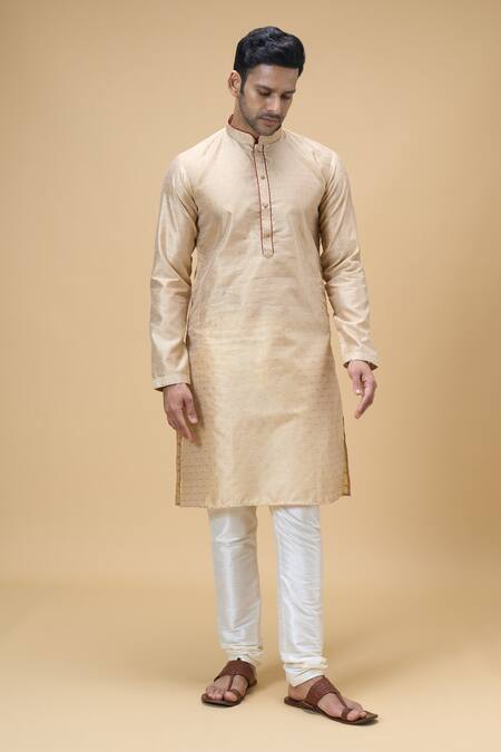 Buy_Arihant Rai Sinha_Beige Jacquard, Silk Embroidery Wildbloom Woven Kurta With Churidar _Online_at_Aza_Fashions