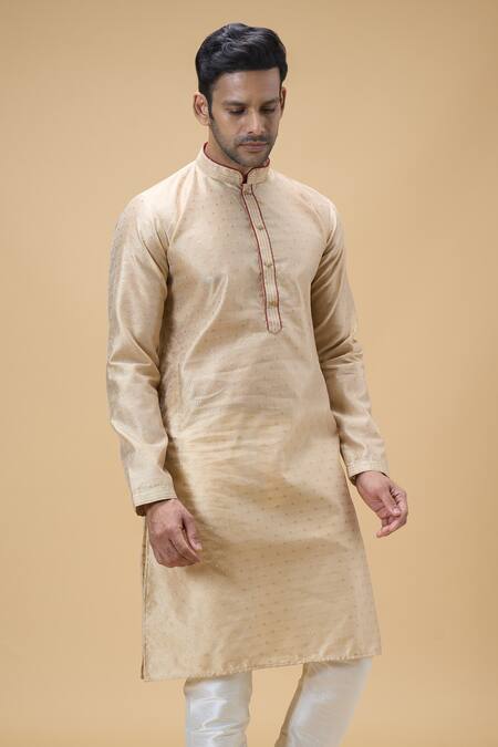 Shop_Arihant Rai Sinha_Beige Jacquard, Silk Embroidery Wildbloom Woven Kurta With Churidar _Online_at_Aza_Fashions