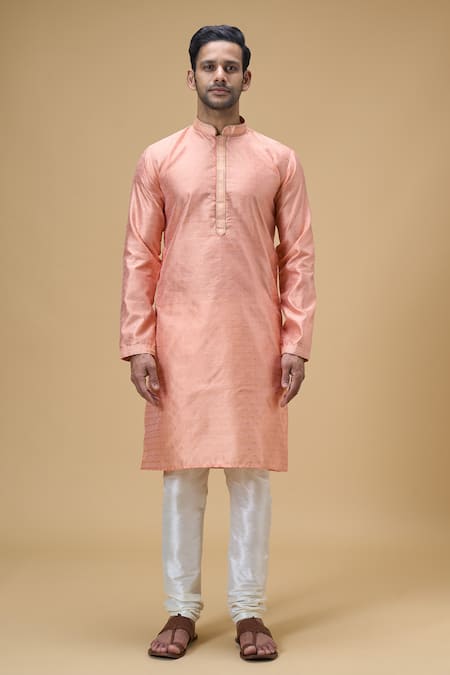 Arihant Rai Sinha_Peach Jacquard, Silk Embroidery Wildblossom Woven Kurta With Churidar _Online_at_Aza_Fashions