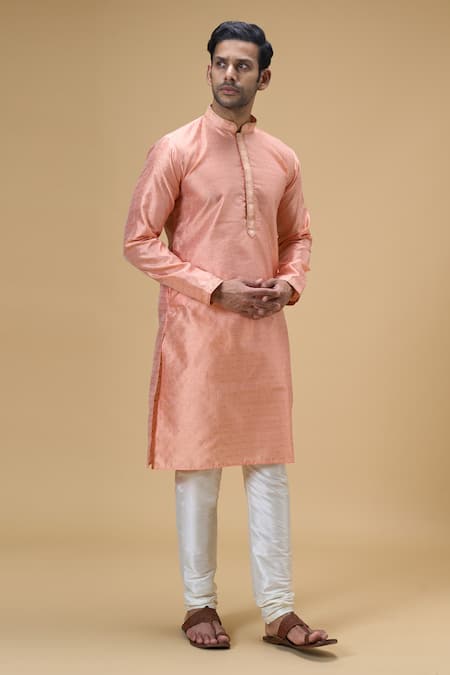 Buy_Arihant Rai Sinha_Peach Jacquard, Silk Embroidery Wildblossom Woven Kurta With Churidar _Online_at_Aza_Fashions