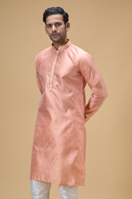 Shop_Arihant Rai Sinha_Peach Jacquard, Silk Embroidery Wildblossom Woven Kurta With Churidar _Online_at_Aza_Fashions