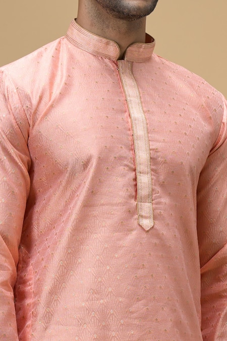 Arihant Rai Sinha_Peach Jacquard, Silk Embroidery Wildblossom Woven Kurta With Churidar _at_Aza_Fashions