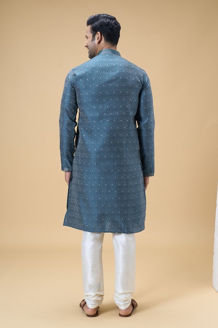 Arihant Rai Sinha Blue Jacquard, Silk Embroidery Spade Bloom Woven Kurta With Churidar Online at Aza Fashions Arihant Rai Sinha_Blue Jacquard, Silk Embroidery Spade Bloom Woven Kurta With Churidar _Online_at_Aza_Fashions