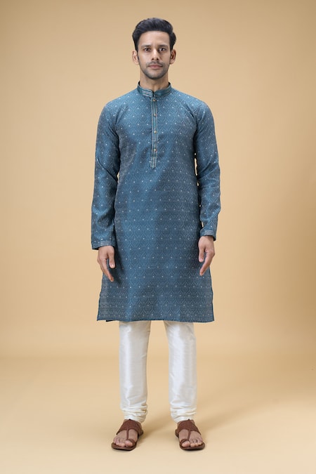 Buy Arihant Rai Sinha Blue Jacquard, Silk Embroidery Spade Bloom Woven Kurta With Churidar Online at Aza Fashions Buy_Arihant Rai Sinha_Blue Jacquard, Silk Embroidery Spade Bloom Woven Kurta With Churidar _Online_at_Aza_Fashions