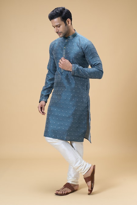 Shop Arihant Rai Sinha Blue Jacquard, Silk Embroidery Spade Bloom Woven Kurta With Churidar Online at Aza Fashions Shop_Arihant Rai Sinha_Blue Jacquard, Silk Embroidery Spade Bloom Woven Kurta With Churidar _Online_at_Aza_Fashions