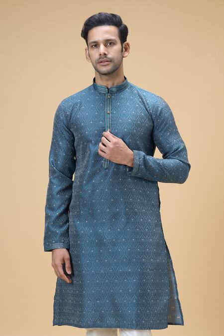 Arihant Rai Sinha Blue Jacquard, Silk Embroidery Spade Bloom Woven Kurta With Churidar at Aza Fashions Arihant Rai Sinha_Blue Jacquard, Silk Embroidery Spade Bloom Woven Kurta With Churidar _at_Aza_Fashions
