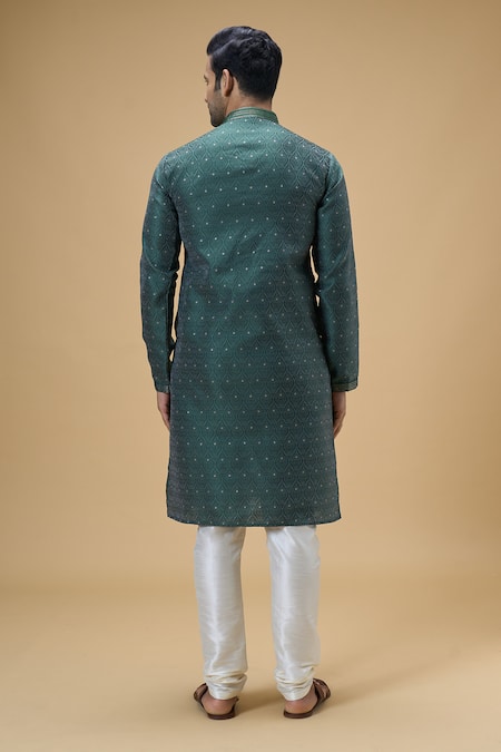 Shop Arihant Rai Sinha Green Jacquard, Silk Embroidery Spade Blossom Woven Kurta With Churidar at Aza Fashions Shop_Arihant Rai Sinha_Green Jacquard, Silk Embroidery Spade Blossom Woven Kurta With Churidar _at_Aza_Fashions