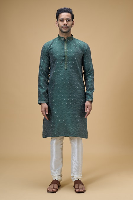 Arihant Rai Sinha Green Jacquard, Silk Embroidery Spade Blossom Woven Kurta With Churidar Online at Aza Fashions Arihant Rai Sinha_Green Jacquard, Silk Embroidery Spade Blossom Woven Kurta With Churidar _Online_at_Aza_Fashions