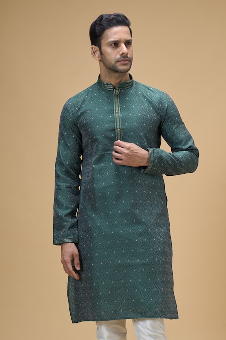 Shop Arihant Rai Sinha Green Jacquard, Silk Embroidery Spade Blossom Woven Kurta With Churidar Online at Aza Fashions Shop_Arihant Rai Sinha_Green Jacquard, Silk Embroidery Spade Blossom Woven Kurta With Churidar _Online_at_Aza_Fashions