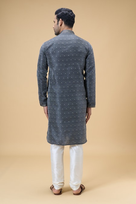 Shop_Arihant Rai Sinha_Black Jacquard, Silk Embroidery Spade Flora Woven Kurta With Churidar _at_Aza_Fashions