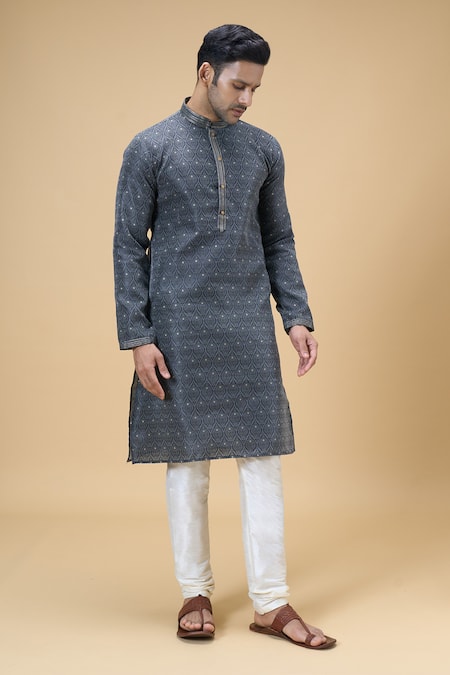 Buy_Arihant Rai Sinha_Black Jacquard, Silk Embroidery Spade Flora Woven Kurta With Churidar _Online_at_Aza_Fashions