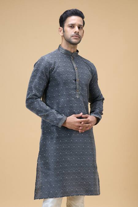 Shop_Arihant Rai Sinha_Black Jacquard, Silk Embroidery Spade Flora Woven Kurta With Churidar _Online_at_Aza_Fashions
