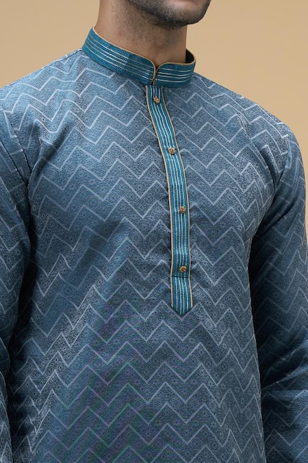 Arihant Rai Sinha_Blue Jacquard, Silk Chevron Bloom Woven Kurta With Churidar _Online_at_Aza_Fashions