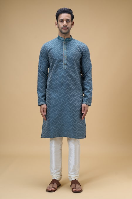 Buy_Arihant Rai Sinha_Blue Jacquard, Silk Chevron Bloom Woven Kurta With Churidar _Online_at_Aza_Fashions